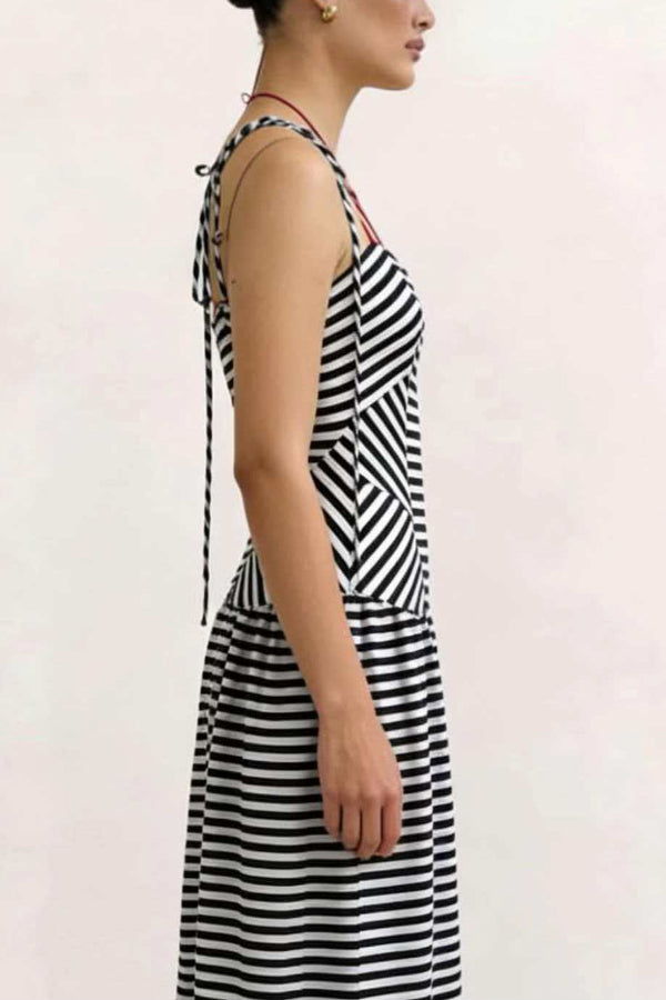 Cardydony Women's  Striped Print V-neck Sleeveless Casual Vacation Maxi Dress