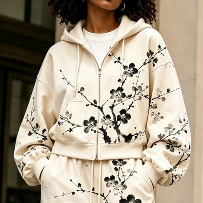 Cardydony Women's Japanese Cherry Blossom Print Casual Zip Up Hoodie Two Piece Set