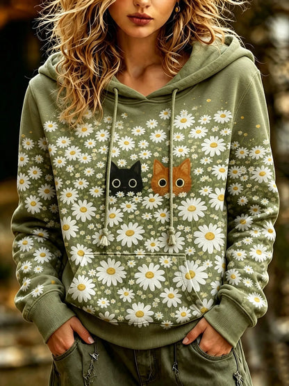 Cardydony Women's Retro Bohemian Cat And Floral Print Hoodie
