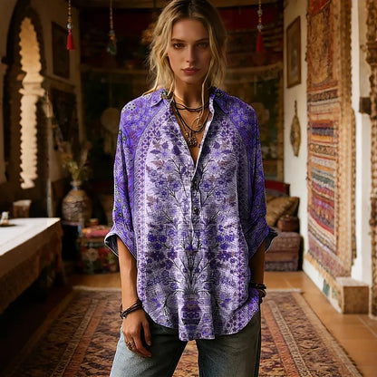 Cardydony Women's Retro Ethnic Floral Pattern Art Print Casual Long-sleeved Shirt