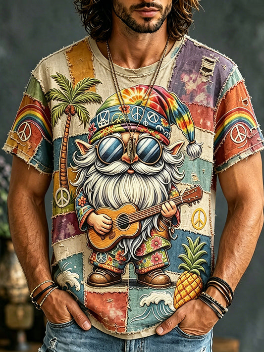 Cardydony Men's Fun Patchwork Peace Gnome Guitar Art Print T-shirt