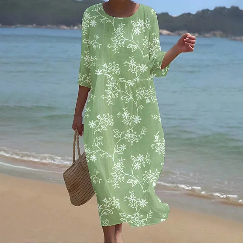 Cardydony Women's Elegant Floral Art Linen Blend Loose Linen Dress