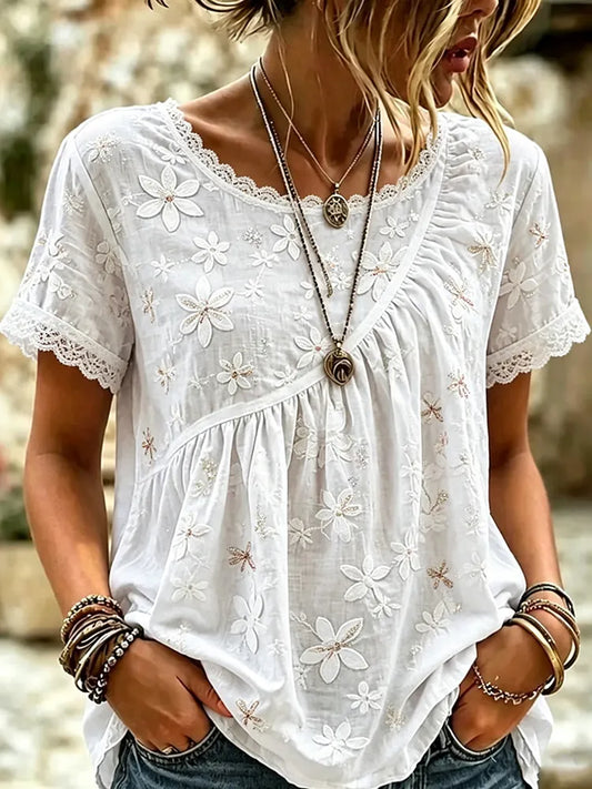 Cardydony Women's Retro Vacation Floral Dragonfly Lace Round Neck Short Sleeve Linen T-shirt