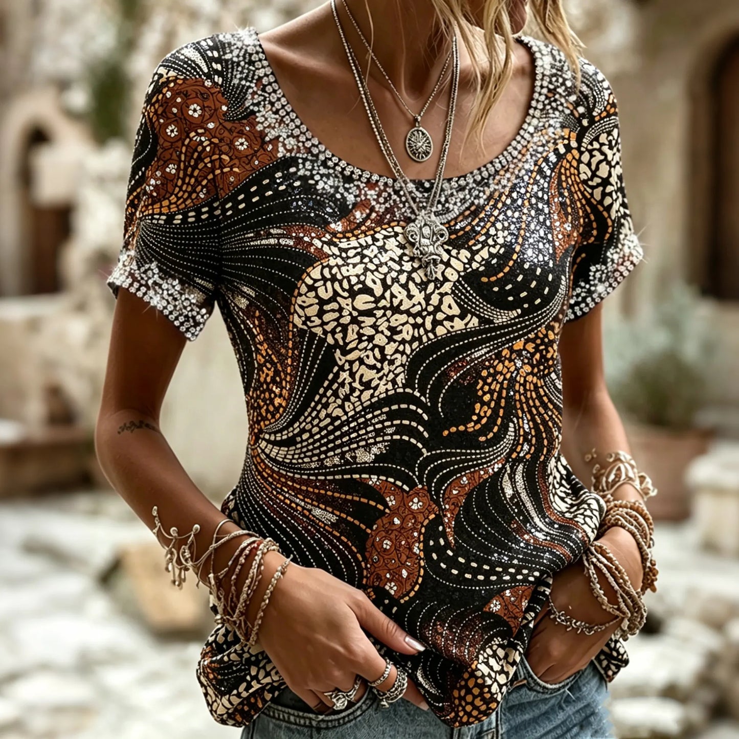 Cardydony Women's Retro Leopard Print Patchwork Casual T-shirt