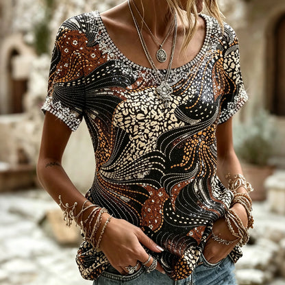 Cardydony Women's Retro Leopard Print Patchwork Casual T-shirt