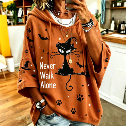 Cardydony Women's Retro Halloween Theme Cat Print Casual Hooded Sweatshirt