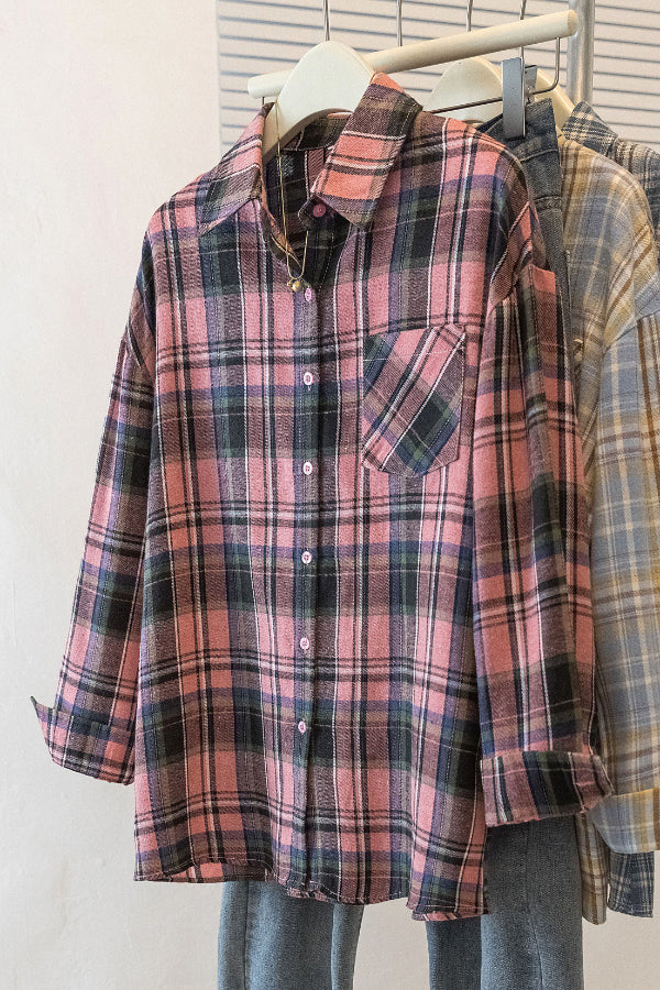 Cardydony Women's Stylish Plaid Collared Long-sleeved Pockets Casual Loose Shirt