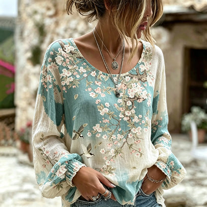 Cardydony Women's Bohemian Retro Cherry Blossom And Bird Print Linen Top