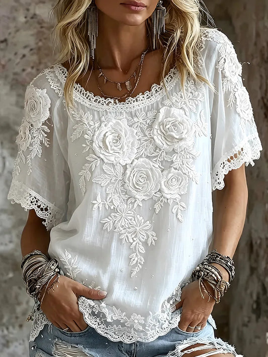 Cardydony Vintage Floral Art Embroidery Casual Linen Cotton Shirt