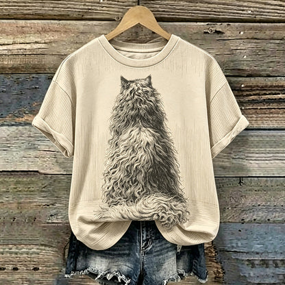 Cardydony Women's Pencil-drawn Textured Cat Pattern Print Casual T-shirt