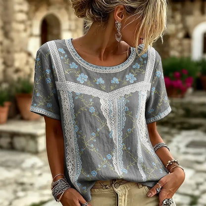 Cardydony Women's Retro Floral Patchwork Print Art Round Neck Linen Blend T-shirt