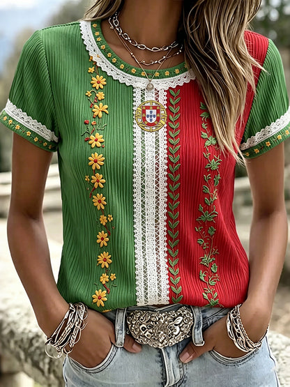 Cardydony Women's Retro Floral Embroidered Patchwork Art Linen Blend Short Sleeve T-shirt