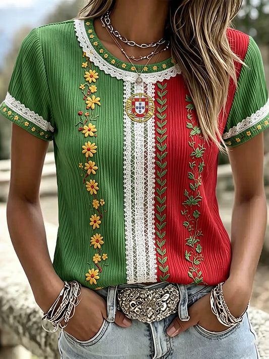 Cardydony Women's Retro Floral Embroidered Patchwork Art Linen Blend Short Sleeve T-shirt