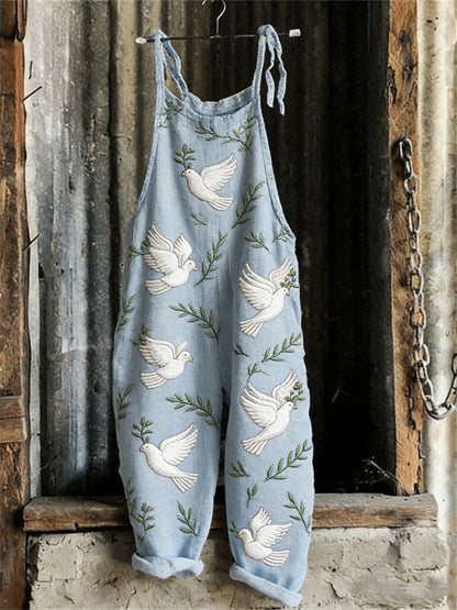 Cardydony Peace Dove Pattern Simple Linen Jumpsuit