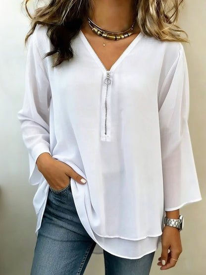 Cardydony Women's Casual Double Layer Design Three-quarter Sleeve Zipper Chiffon Top