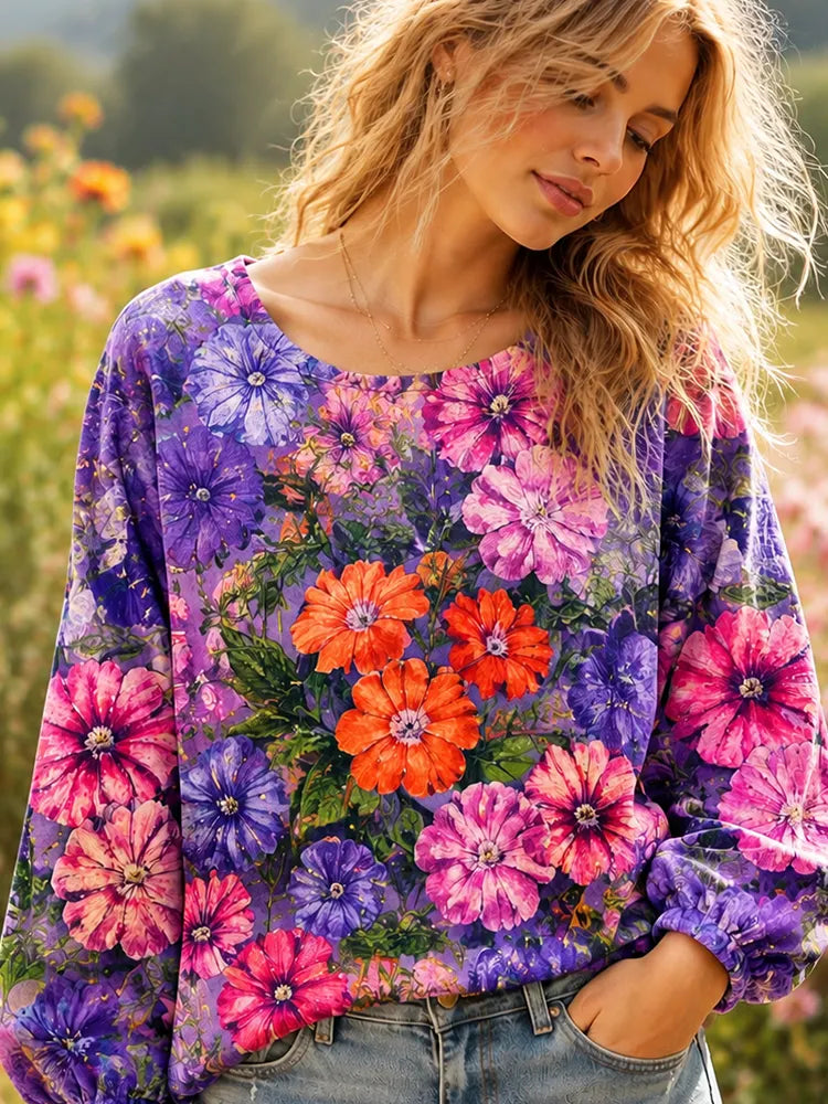 Cardydony Women's Casual Crewneck Sweatshirt With Vibrant Purple And Pink Watercolor Floral Print