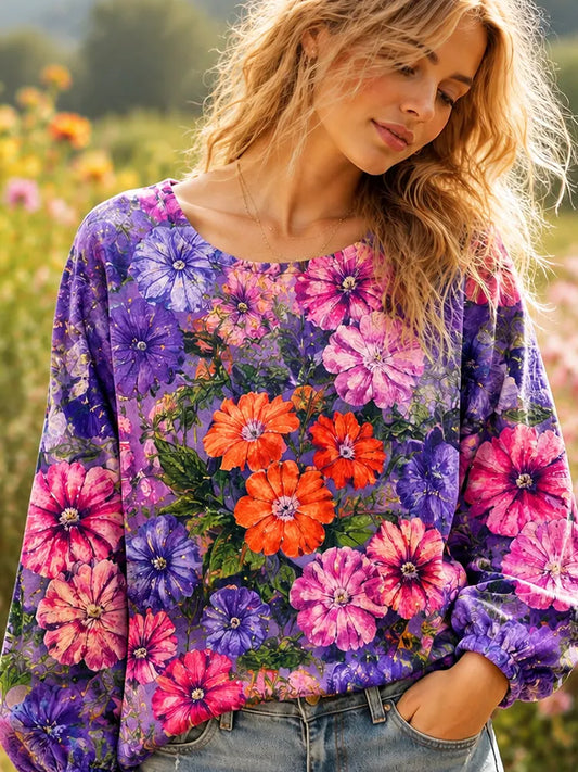 Cardydony Women's Casual Crewneck Sweatshirt With Vibrant Purple And Pink Watercolor Floral Print