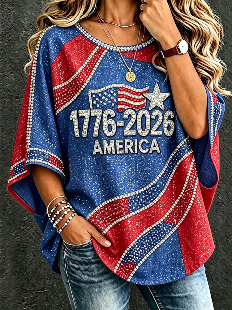 Cardydony Women's Vintage Independent Day Art Print Flowy Linen Blend Three-quarter Sleeve Round Neck Linen Tops