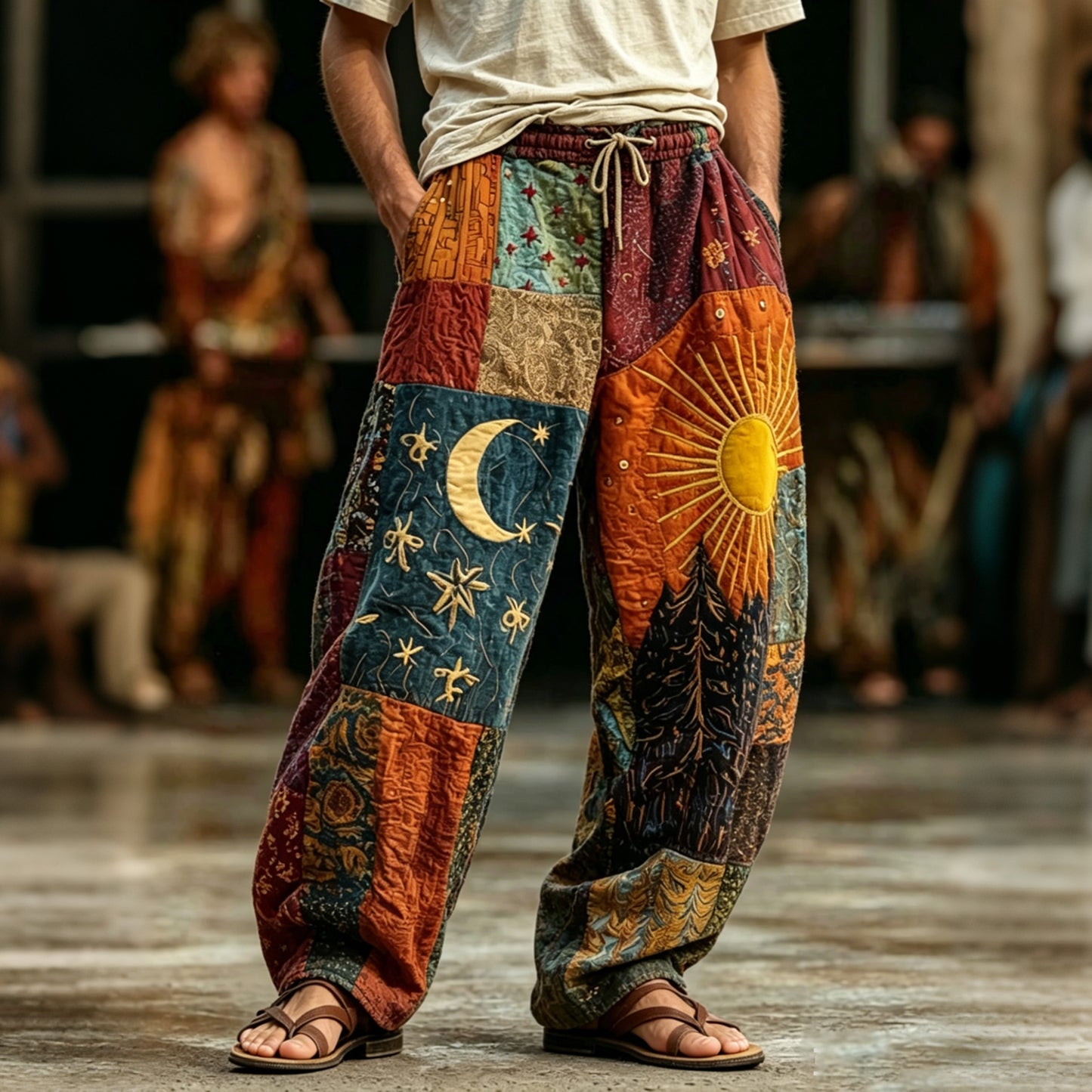 Cardydony Men's Boho Sun And Moon Hippie Patchwork Art Print Loose Drawstring Waist Pants