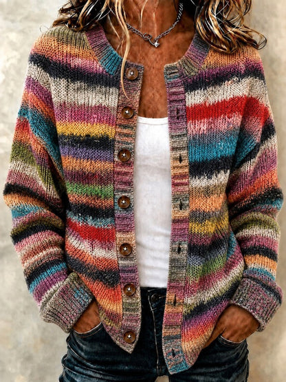 Cardydony Women's Bohemian Retro Striped Gradient Art Print Knit Button Cardigan
