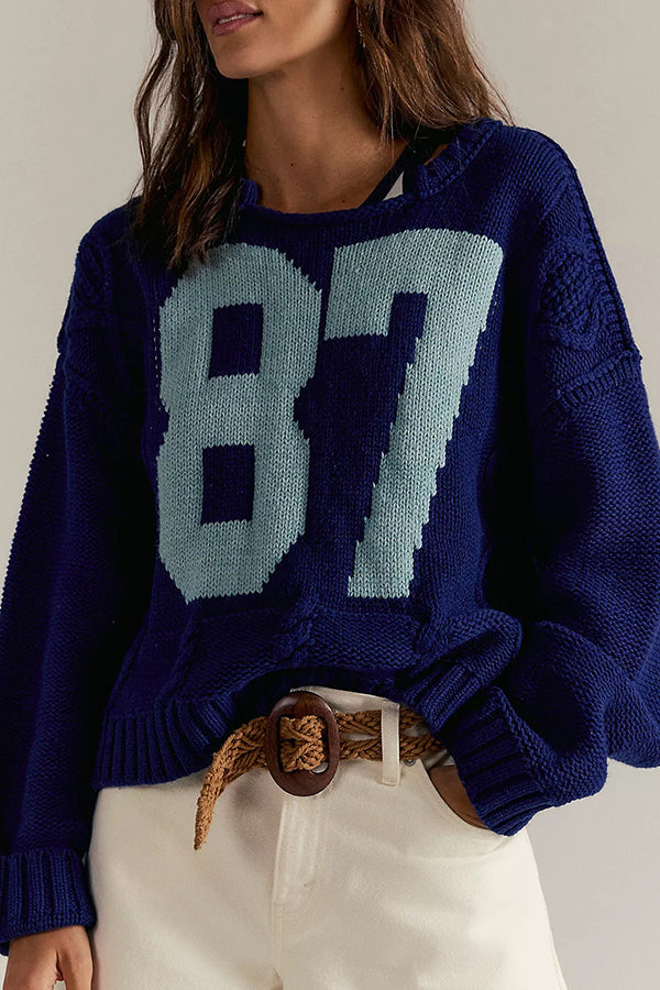 Cardydony Women's Fashionable Digital Jacquard Loose Long-sleeved Knit Sweater