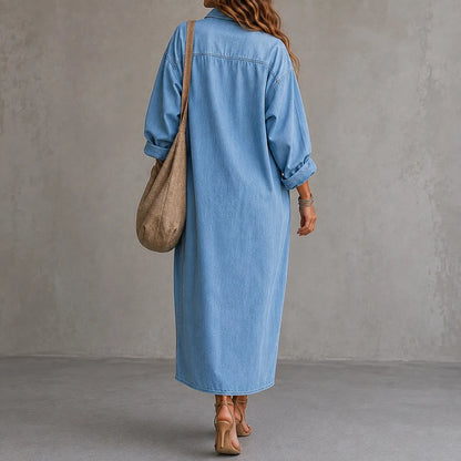 Cardydony Elegant Casual Single-breasted Collar Shirt Maxi Dress