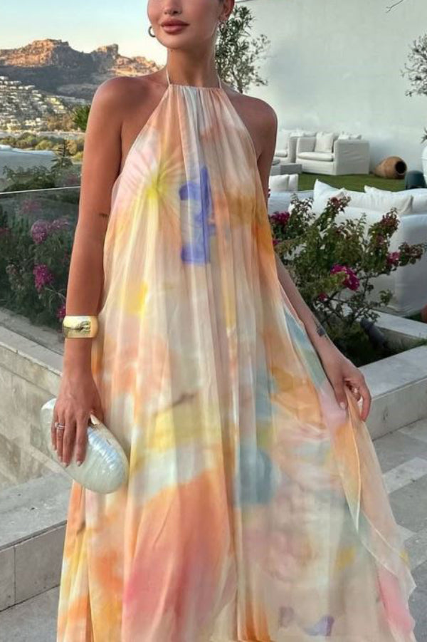 Cardydony Women's Fashionable Tie-dye Halter Neck Backless Loose Vacation Maxi Dress