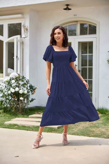 Cardydony Women's Square Neck Backless Pleated Dress