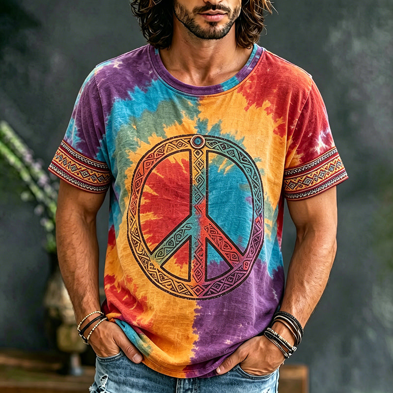 Cardydony Men's Tie-dye Retro Ethnic Print Crew Neck Short Sleeve T-shirt