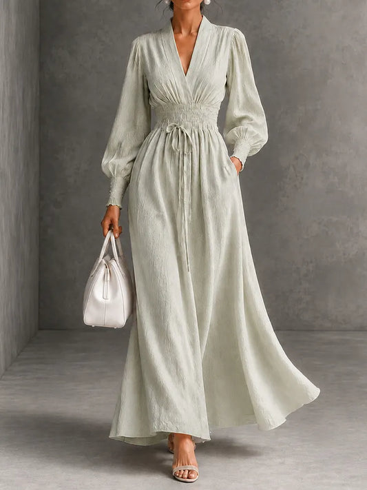 Cardydony Elegance V-neck Belted Waist Long Sleevess Maxi Dress