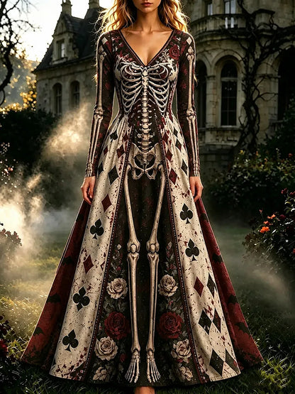 Cardydony Women's Retro Halloween Gothic Skeleton Floral Pattern Print V-neck Maxi Dress