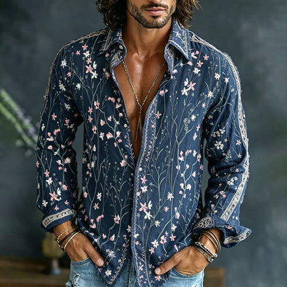 Cardydony Men's Retro Floral Embroidered Art Print Flowy Linen Blend Shirt