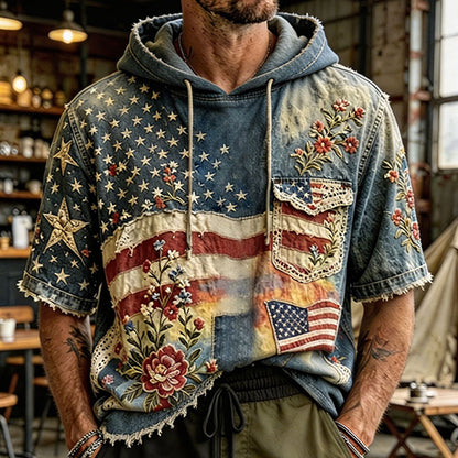 Cardydony Vintage American Flag Independence Day Denim Hoodie Shirt For Men