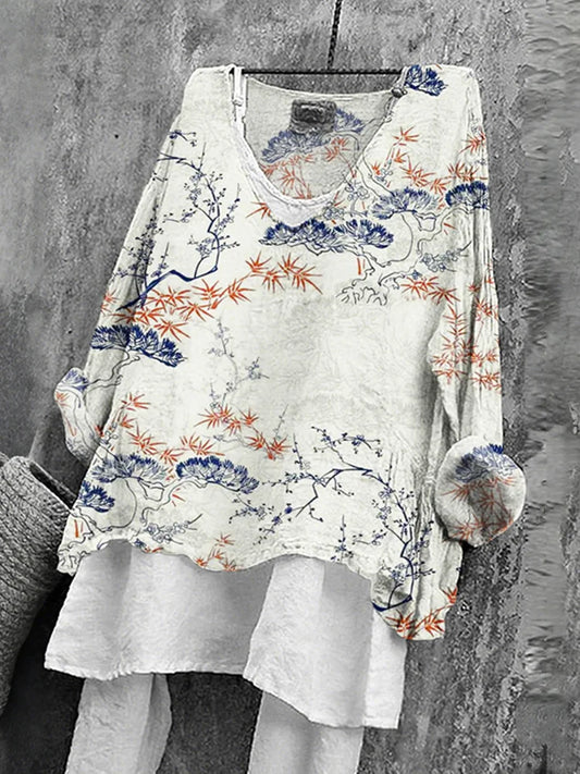 Cardydony Women's Japanese Floral Art Print V-neck Loose T-shirt