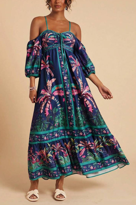 Cardydony Women's  Coconut Tree Print Off-shoulder Half Sleeve Casual Vacation Maxi Dress