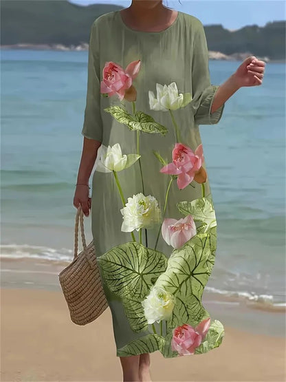 Cardydony Women's Lotus Art Pattern Linen Blend Loose Three-quarter Sleeve Dress
