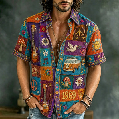 Cardydony Men's Retro Peace Sign And Guitar Hippie Patchwork Print Short-sleeve Shirt