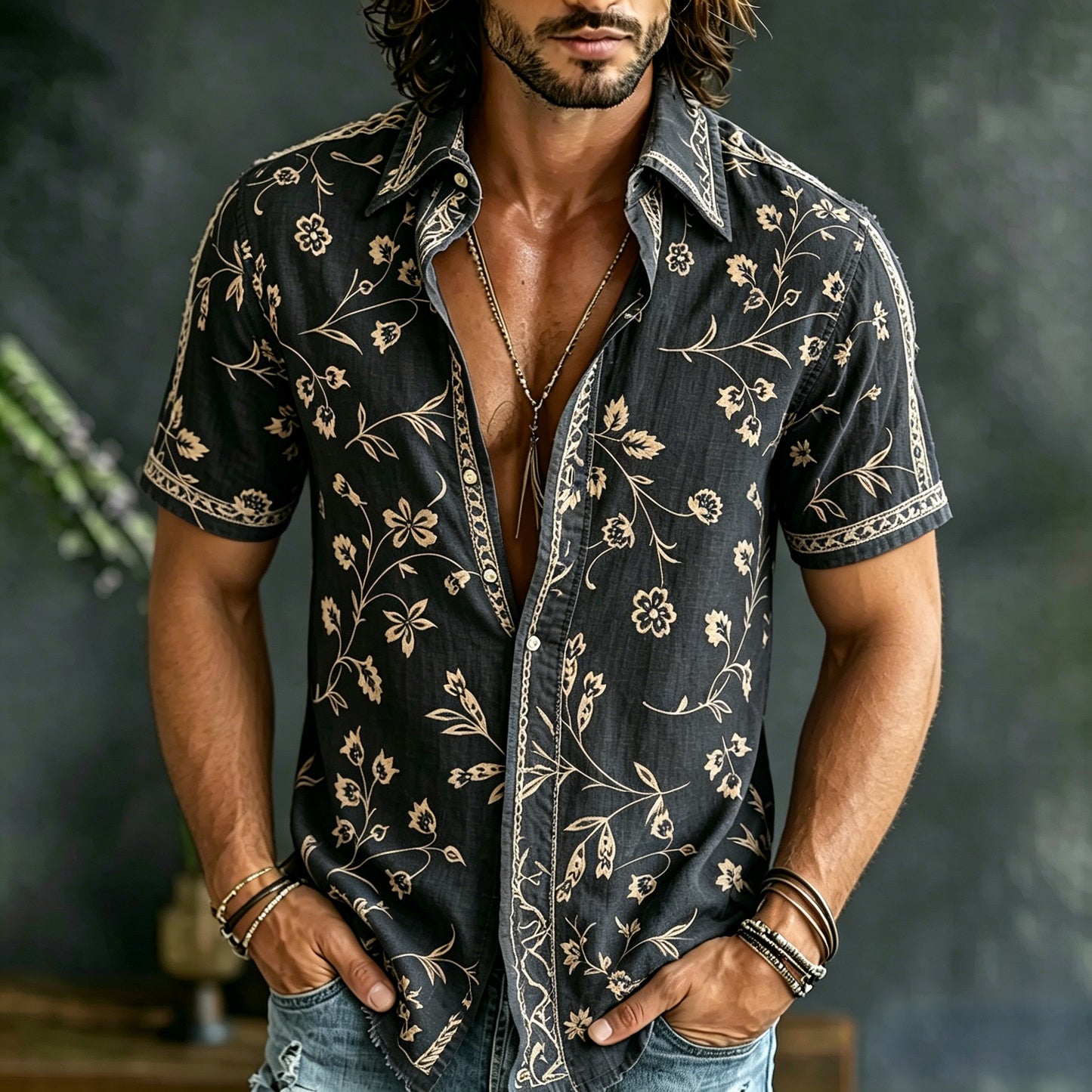 Cardydony Men's Spring Summer Floral Embroidered Art Print Flowy Linen Blend Short Sleeve Shirt