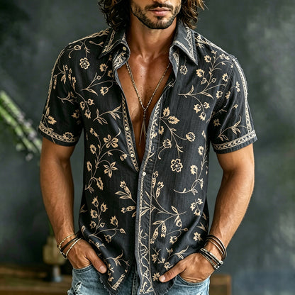 Cardydony Men's Spring Summer Floral Embroidered Art Print Flowy Linen Blend Short Sleeve Shirt