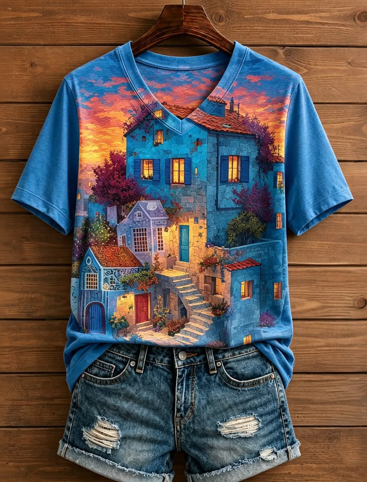 Cardydony Women's Mediterranean Blue Stone Village Sunset Art Print Boho Short Sleeve V‑neck T-shirt