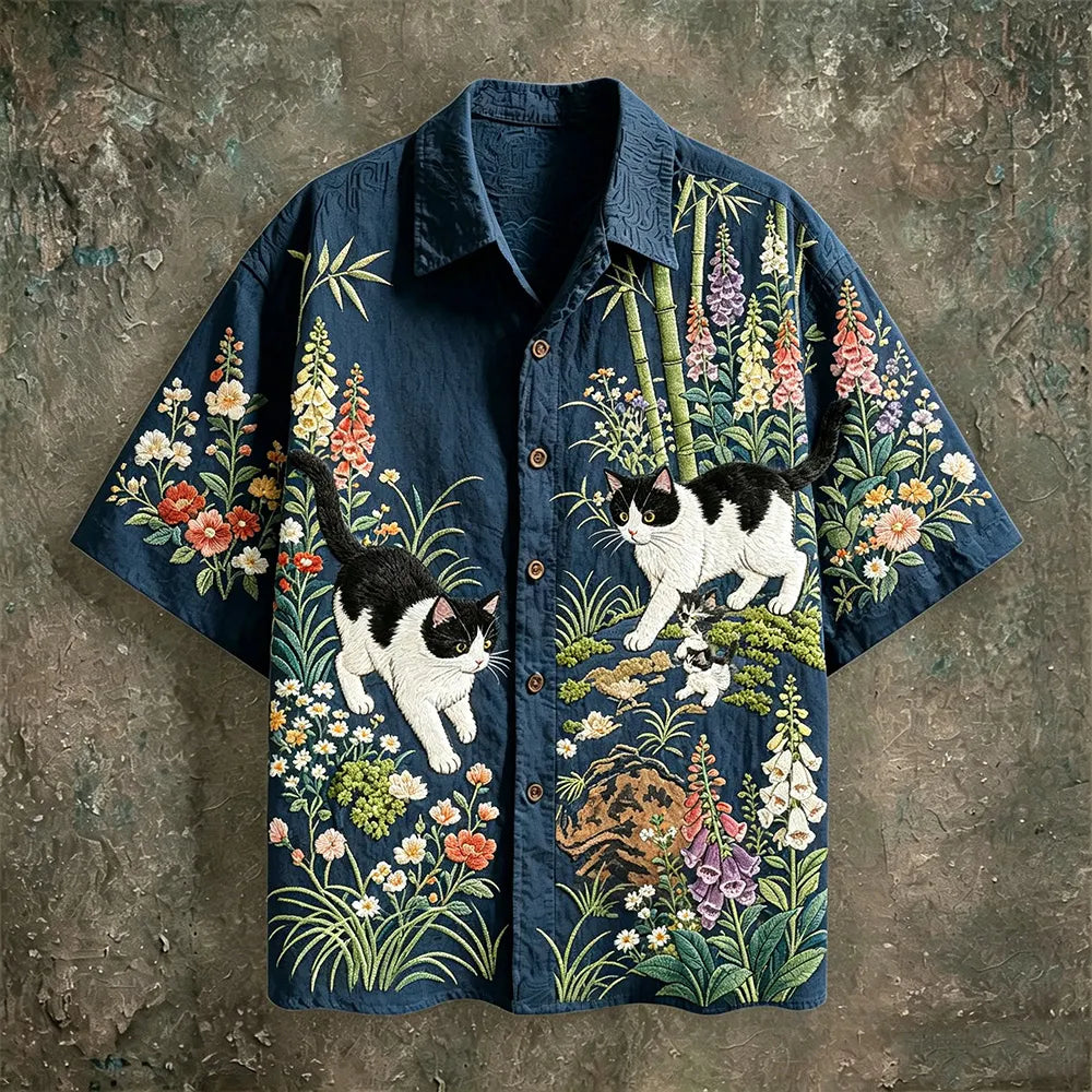 Cardydony Oriental Bamboo Floral Cat 3d Embroidery Camp Collar Short Sleeve Shirt, Retro Chinese Garden Animal Embroidery Cotton Linen Button Down Shirt