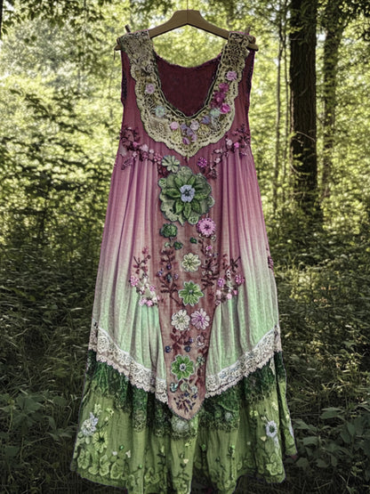 Cardydony Vintage Boho Lavender Art Linen Patchwork Art Linen Tank Dress