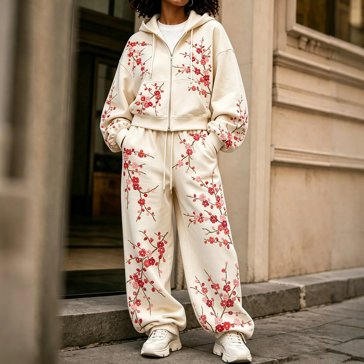 Cardydony Women's Japanese Floral Art Print Zip Up Hoodie Two Piece Set