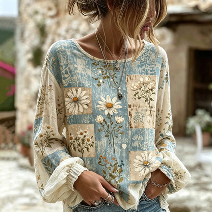 Cardydony Women's Retro Bohemian Style Patchwork Daisy Print Long-sleeved Linen Top