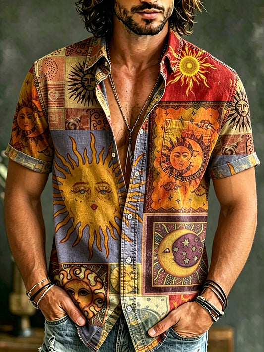 Cardydony Men's Vintage Hippie Sun And Moon Color-block Patchwork Art Printed Short-sleeve Shirt