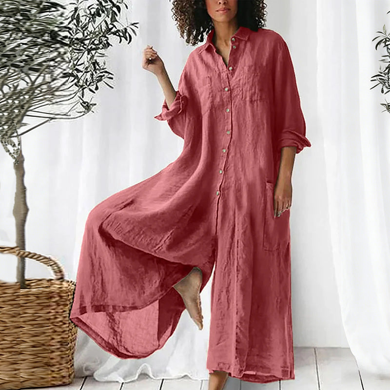 Cardydony Women Plain Cotton-blend Shawl Collar Long Sleeve Split Joint Casual Shirt Spring/fall Jumpsuit