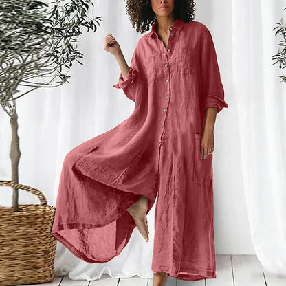 Cardydony Women Plain Cotton-blend Shawl Collar Long Sleeve Split Joint Casual Shirt Spring/fall Jumpsuit