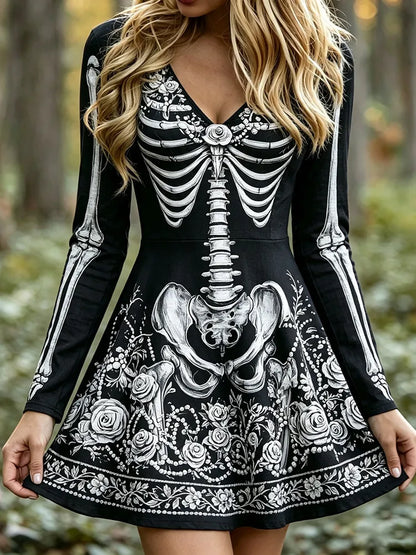 Cardydony Women's Vintage Halloween Skeleton Roses Art Print V Neck Long Sleeve Midi Dress