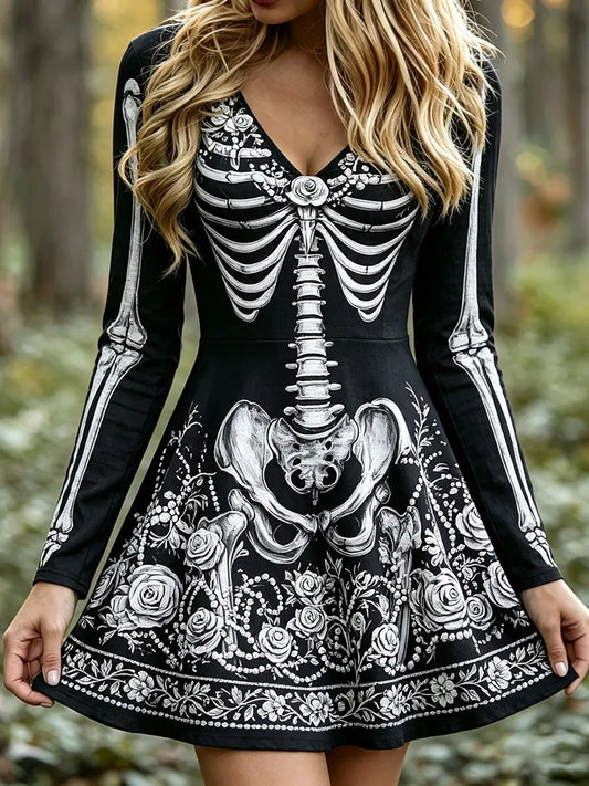 Cardydony Women's Vintage Halloween Skeleton Roses Art Print V Neck Long Sleeve Midi Dress