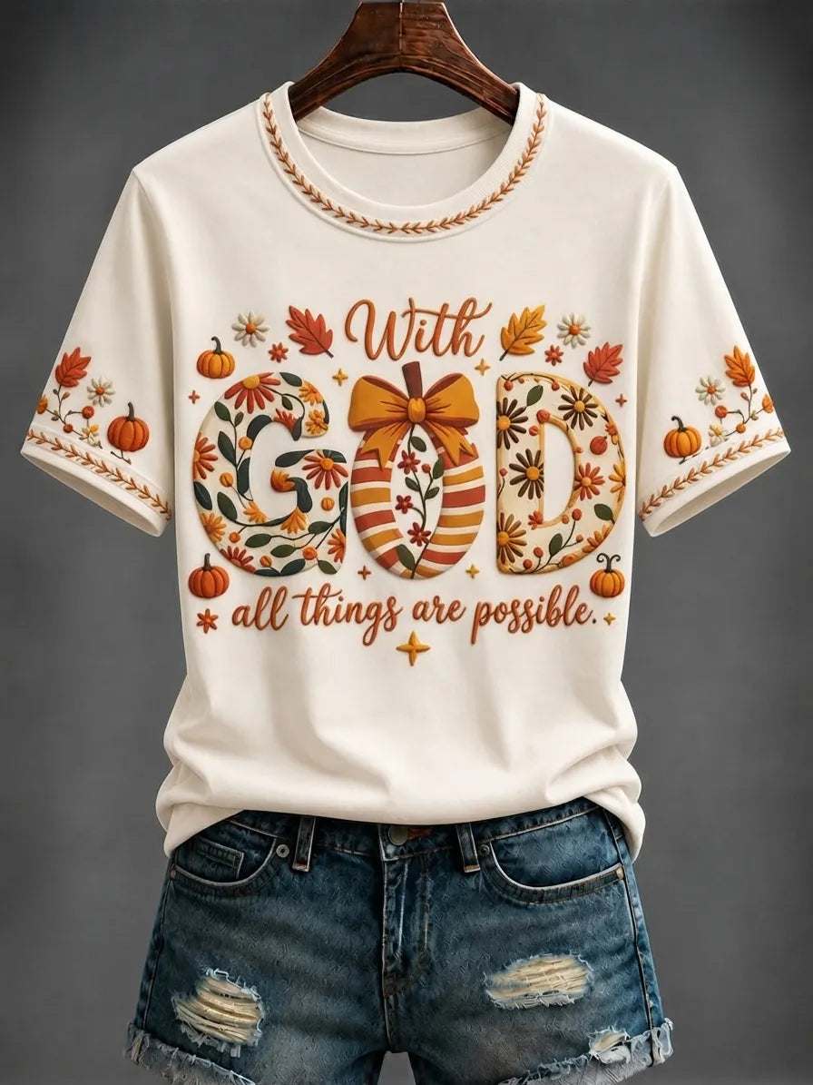 Cardydony Women's Autumn “with God All Things Are Possible.” Printed T-shirt